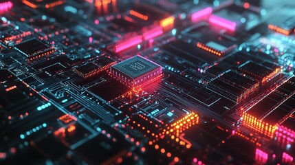 Fototapeta premium Colorful Integrated Microchip with Close-Up Detail and Lines