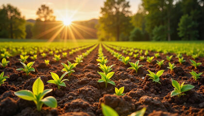 Fresh green sprouts emerging in tilled soil at golden hour, gardening season