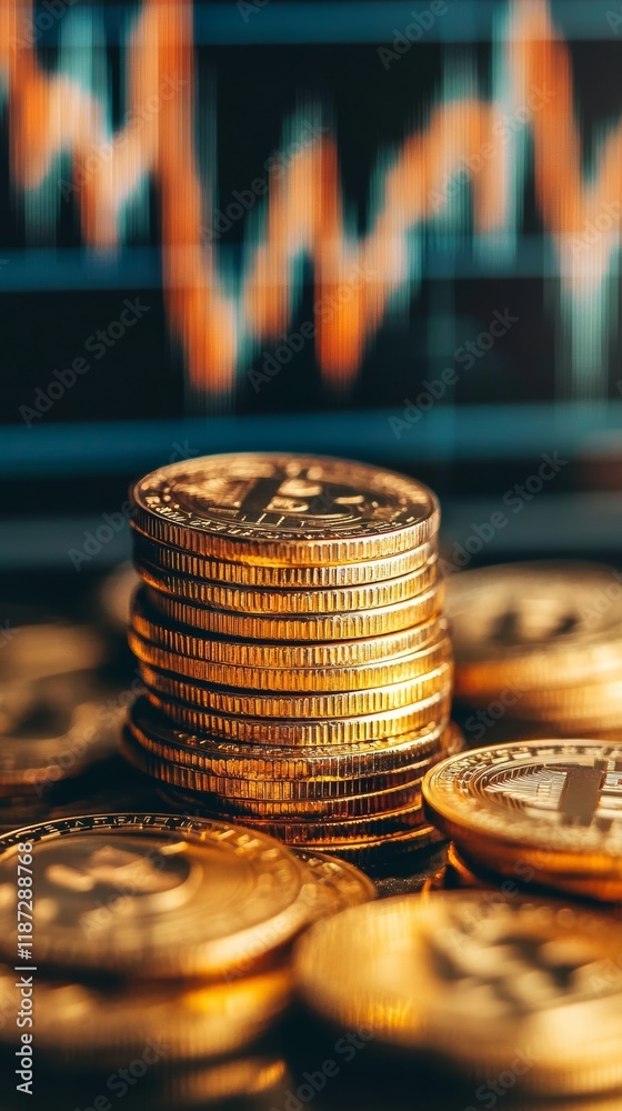 Poster golden cryptocurrency coins stacked together with a rising stock market chart in the background, rep