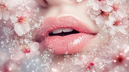 Fototapeta premium Delicate Beauty: Pink Lips and Blossoms