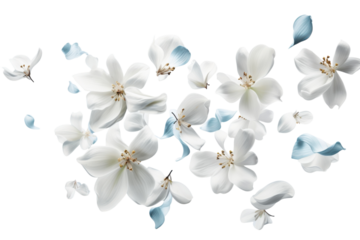 Beautiful white flowers with blue petals floating gracefully in soft light against a gentle background