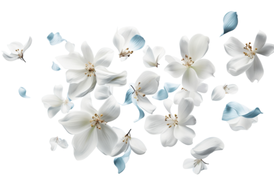 Beautiful white flowers with blue petals floating gracefully in soft light against a gentle background