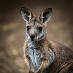 Fototapeta premium Photorealistic wallaby portrait, close-up, soft fur texture, alert ears, gentle eyes, natural lighting, blurred background, Australian wildlife, neutral tones, detailed whiskers, outdoor setting, high