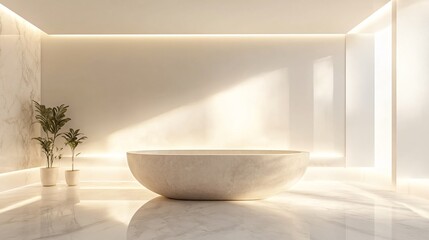 Fototapeta premium Luxurious bathroom with a freestanding bathtub, marble floors, and soft lighting, copy space