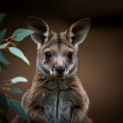 Fototapeta premium Photorealistic wallaby portrait, close-up, soft fur texture, alert ears, gentle eyes, natural lighting, blurred background, Australian wildlife, neutral tones, detailed whiskers, outdoor setting, high