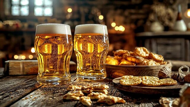 beer and beer snacks on the table. Selective focus