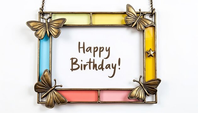 Playful birthday greeting card with whimsical stained glass design and copy space