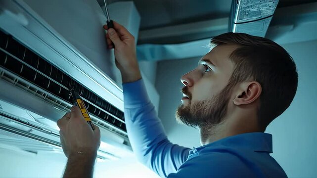 the man repairs the air conditioner. Selective focus