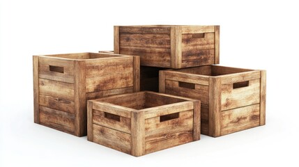 Stack of four rustic wooden crates isolated on white background.