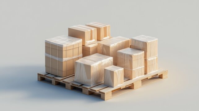 Cardboard boxes shrink-wrapped on a wooden pallet.