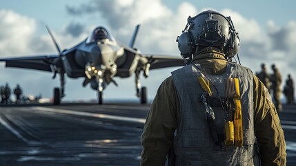 Military personnel prepares for aircraft launch on naval carrier deck during daytime operation