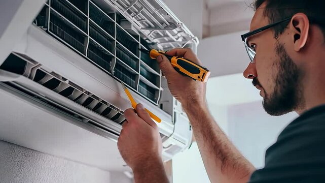 the man repairs the air conditioner. Selective focus