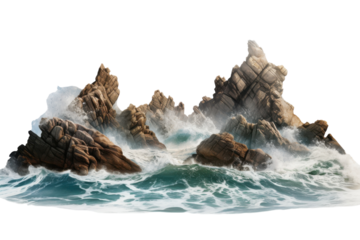 Rocky seascape features crashing waves against rugged cliffs at sunrise, creating a dramatic coastal environment
