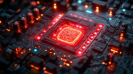 Fototapeta premium Close-up of electronic circuit board with glowing red LED lights