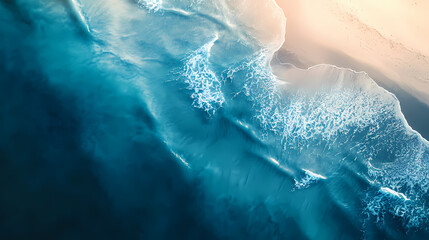 Captivating minimalist and surreal aerial view illustration of blue and fluorescent spoondrift with smooth curves, ethereal lighting, and high-quality detail. Sundrift. Illustration