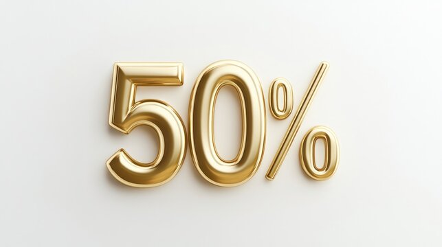 Shiny gold 50% off discount sign on white background.