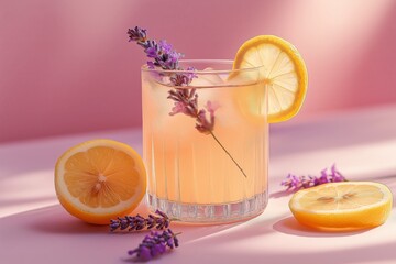 A minimalistic stock photo of lavender lemonade in a glass, garnished with lemon slices and lavender sprigs on a soft pink background