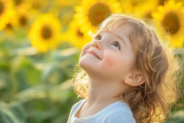 Fototapeta premium girl child looking up at a field of sunflowers with a big smile, reflecting innocence and optimism