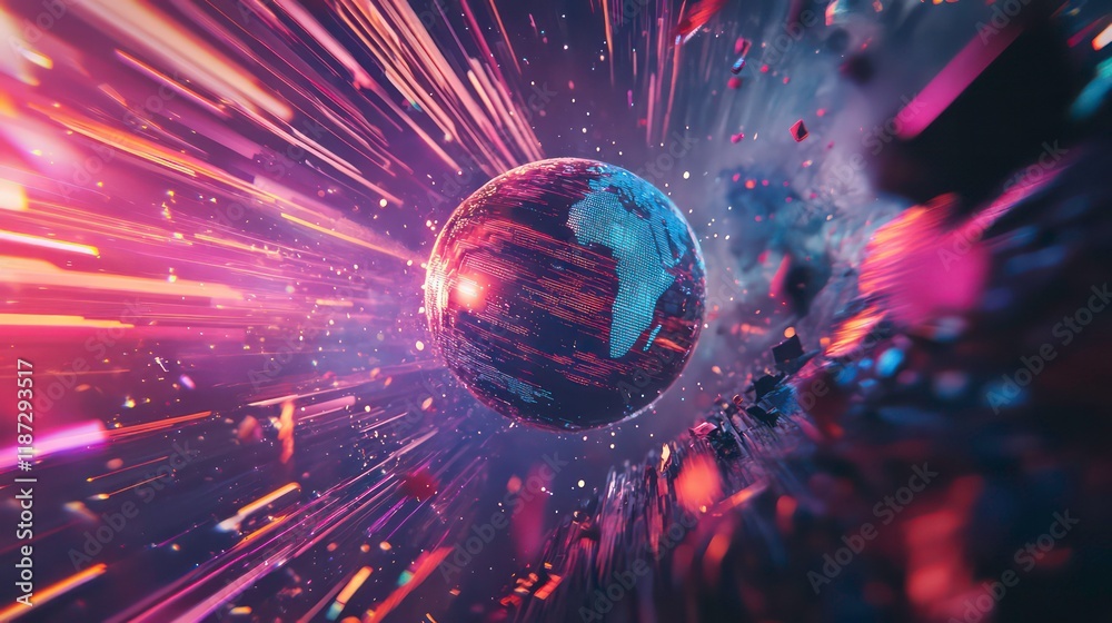 Poster vibrant digital art depicting earth surrounded by dynamic light streaks and abstract shapes.