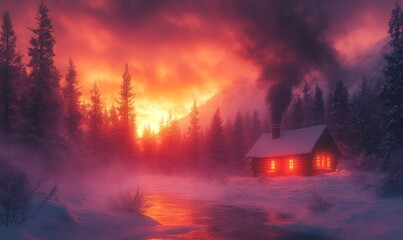 Cozy cabin, snowy forest, sunset glow.