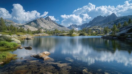Fototapeta premium Secluded alpine lake with granite peaks and cascading waterfalls