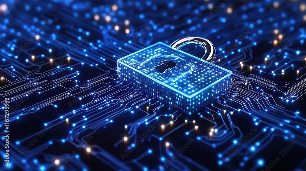 Poster digital security concept with padlock and binary code visuals