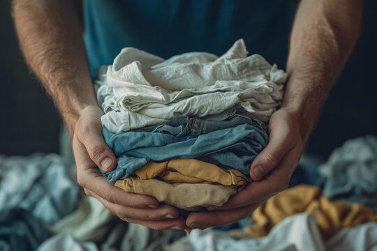 Close up hands people organizing clean clothes after laundry Generative AI