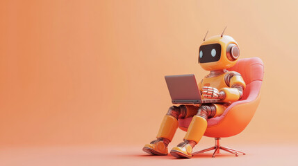3D illustration of a cute robot sitting on a chair interacting with a digital device