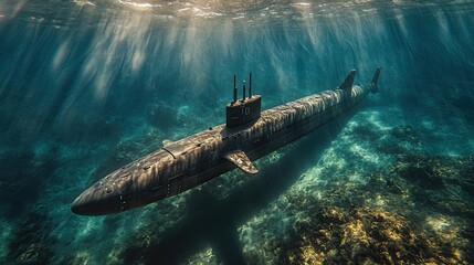 Submarine gliding through clear ocean waters, illuminating the underwater world with its presence
