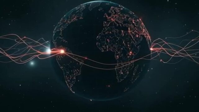 globe with maps of continents with glowing lines denoting state and country borders. concept of global network and its connectivity, data transmission and cyber technology, information exchange