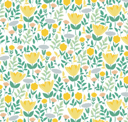 spring flower pattern, yellow, green, botanical, floral, blossom, leaves, seamless pattern, flat style, vector illustration, background. 