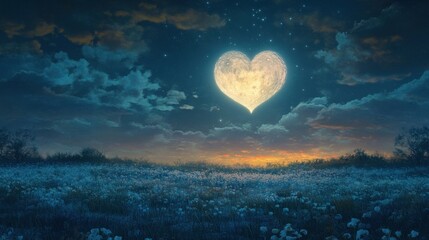 Fototapeta premium Heart Shaped Moon over a Field of Flowers at Night