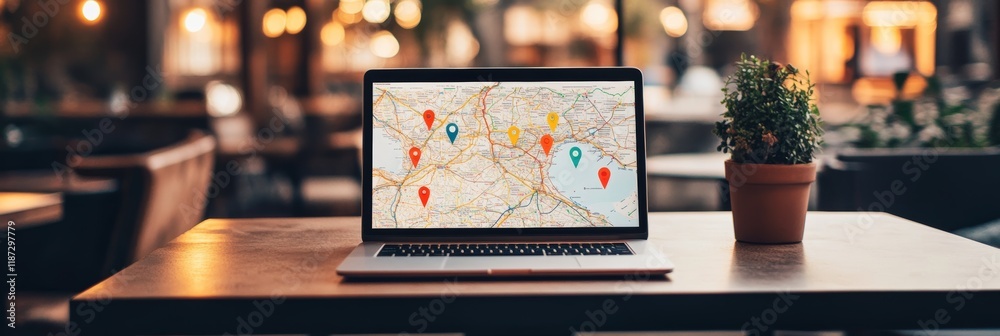 Poster Open laptop displaying an online map with colorful location pins sits on a table in a warm, inviting cafe, suggesting planning or navigating a journey