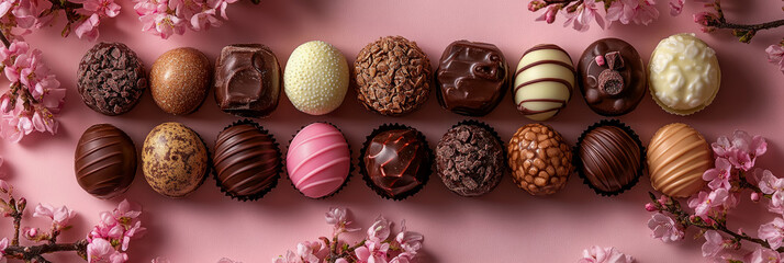 Assortment of Gourmet Chocolate Truffles and Bonbons Decorated with Spring Blossoms