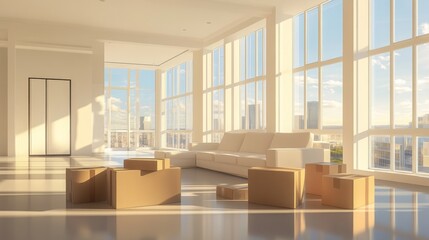 Sunlit modern apartment interior with cardboard boxes, signifying moving day or new home.