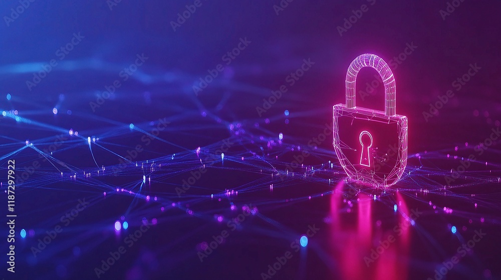 Poster abstract cybersecurity concept with digital padlock and binary lines