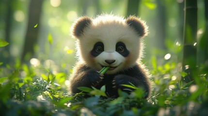 Obraz premium Adorable panda cub eating bamboo in sunlit forest.