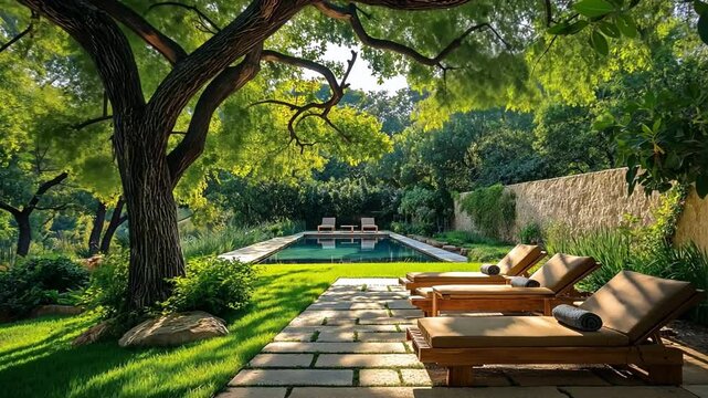 Lounge seats in the yard beneath a tree