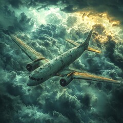 Fototapeta premium Weathered airplane flies through ominous clouds.
