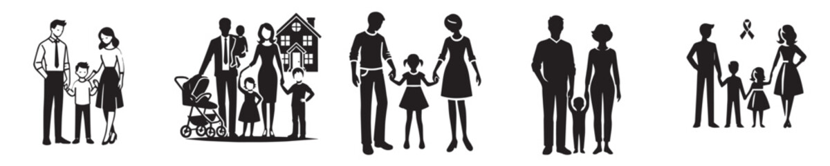 collection of family silhouette vectors in simple and flat design style