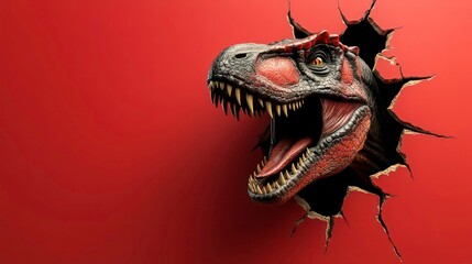 Naklejka premium Roaring T-Rex head bursting through a red wall.