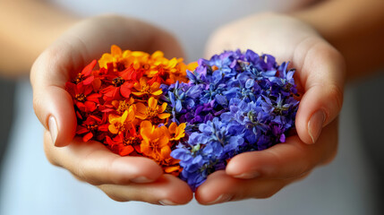 Hands Holding a Heart-Shaped Arrangement of Orange and Blue Flowers
