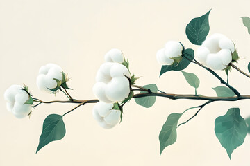 Close-up view of white cotton bolls on a branch with green leaves showcasing natural softness