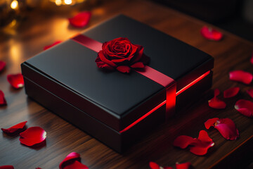Luxury and Romantic Ribbon Bow Gift Box On a Table top With Red Rose Petals