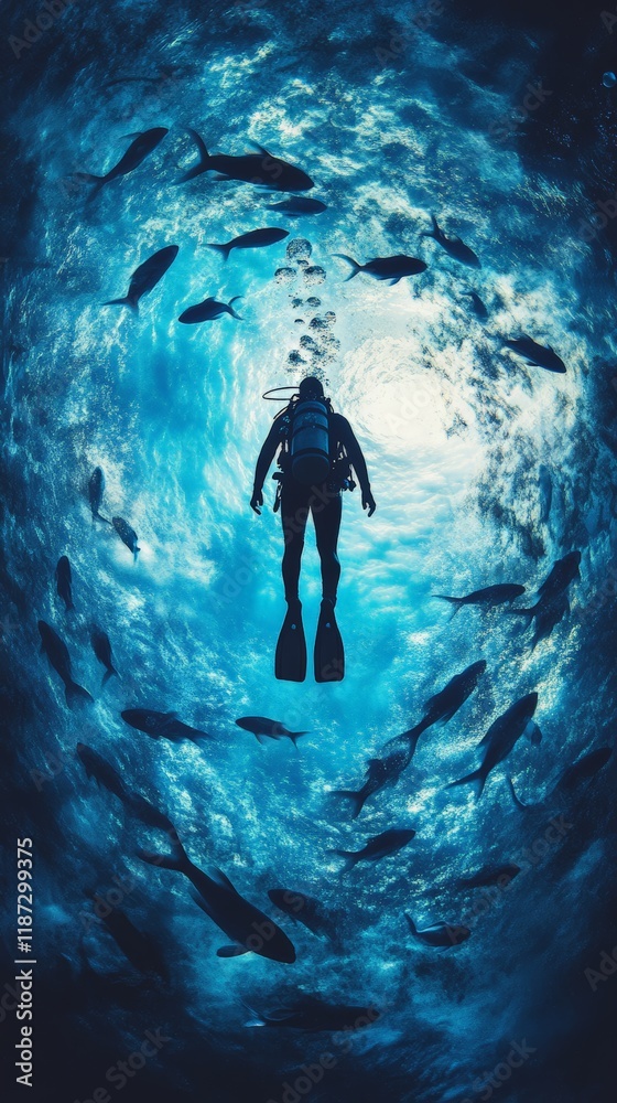 Aufkleber scuba diver descends into the deep blue ocean, surrounded by a swirling school of fish, creating a m