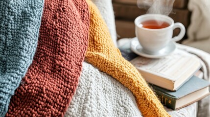 Cozy reading nook with colorful blankets home lifestyle warm environment close-up comfort and relaxation