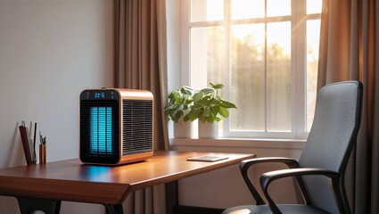 Compact Air Purifier on Wooden Desk in a Sunlit Office