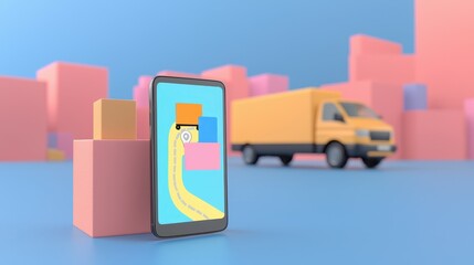 Naklejka premium Live tracking smartphone app for delivery logistics urban environment digital interface perspective efficient transport solutions