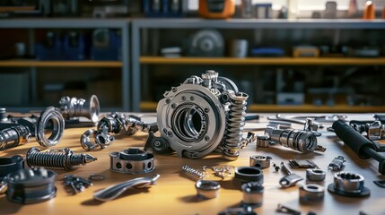 Fototapeta premium Disassembled metallic machine parts on a workbench in a workshop.