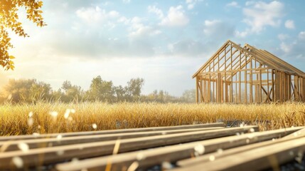 Fototapeta premium Wooden house frame under construction in a field at sunset. (1)
